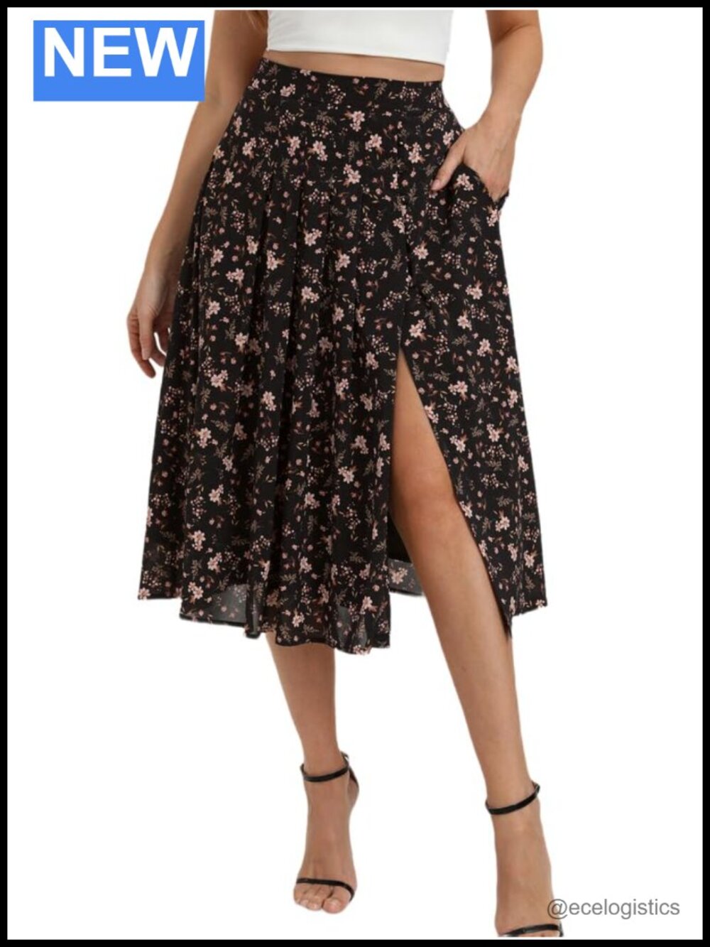 Women's Floral High Waist Midi A-Line Pleated Skirt with Pockets and Adjustable